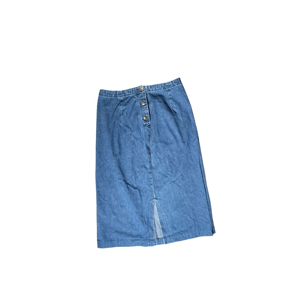 Eddie Bauer Vintage Denim Midi Skirt Blue Cotton Button Front Slit Petite 10